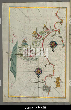 Questa mappa, creata dal cartografo ottomano Piri Reis, mostra la città di Tripoli in Nord Africa. Fa parte di una più ampia mappa del mondo realizzata nel 1513, notevole per le sue caratteristiche geografiche dettagliate e il suo ruolo nella storia della cartografia. Foto Stock