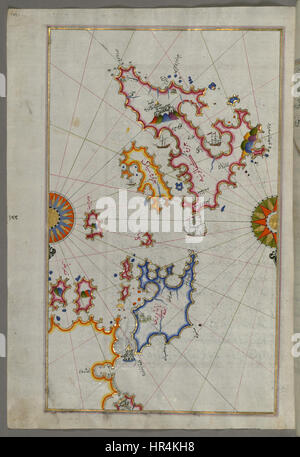 Questa mappa, creata dall'ammiraglio e cartografo ottomano Piri Reis, mostra le isole di Cefalonia, Itaca e Aya Mavra al largo della costa occidentale della Grecia. È un esempio chiave della cartografia ottomana dei primi anni del XVI secolo, rinomata per la sua dettagliata e accurata rappresentazione del Mediterraneo. Foto Stock