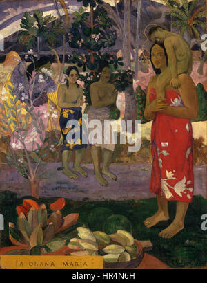 "Ia Orana Maria" di Paul Gauguin (Ave Maria) ritrae la Vergine Maria in un ambiente tahitiano, combinando temi religiosi con una vibrante cultura polinesiana, utilizzando colori audaci tipici delle sue opere successive. Foto Stock