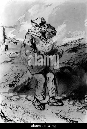 L'illustrazione di Paul Gavarni per la serie "i dodici mesi" raffigura la marcia, personificata come una donna in abbigliamento stagionale. Il pezzo mostra la capacità di Gavarni di fondere la moda con temi simbolici, catturando l'essenza del passaggio del mese dall'inverno alla primavera. Foto Stock