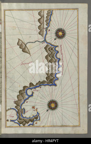 La mappa di Piri Reis è una mappa famosa in tutto il mondo all'inizio del XVI secolo che mostra le coste dell'Europa, dell'Africa e delle Americhe. Questa mappa, parte della collezione del Walters Art Museum, include rappresentazioni dettagliate della costa dell'Anatolia meridionale e delle isole non identificate. Foto Stock