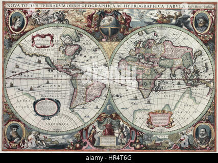 Nova totius orbis terrarum Geographica ac hydrographica tabula (Hendrik Hondius) equilibrata Foto Stock