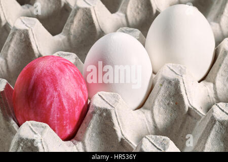 Bianchi e un dipinto di rosso d'uovo di pasqua in una cassetta, vassoio o scatola di cartone. Confezione di uova preparate per decorare per Pasqua. Primo piano di uova di Pasqua in ca Foto Stock