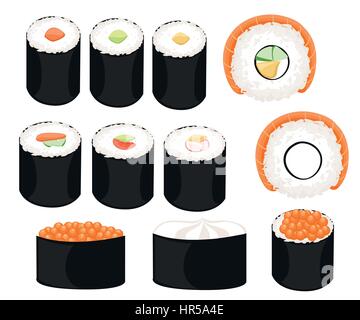 Rotolo di sushi colorata collezione Sushi set di diversi tipi bacchette e bocce. Illustrazione Vettoriale