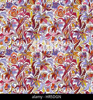 Fiore di vettore pattern. Seamless texture botanico, fiori illustrazioni. Motivo floreale in stile doodle, molla sfondo floreale. Di colore verde e rosso su sfondo bianco Illustrazione Vettoriale