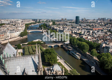 Cityscape fotografata dalla cima della cattedrale di Notre Dame, con il fiume Sicena, a Parigi, Francia Foto Stock