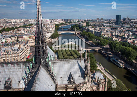 Cityscape fotografata dalla cima della cattedrale di Notre Dame, con il fiume Sicena, a Parigi, Francia Foto Stock