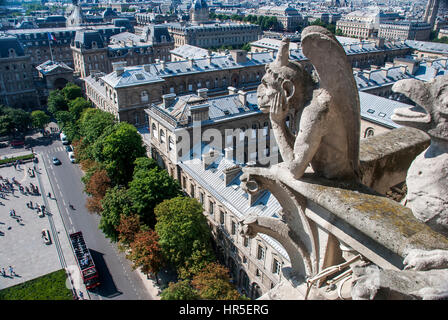 Cityscape fotografata dalla cima della cattedrale di Notre Dame, con mascheroni, a Parigi, Francia Foto Stock