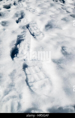 Close-up di racchette da neve Orme nella neve in inverno. Foto Stock