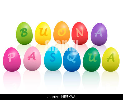 BUONA PASQUA - Buona Pasqua in lingua italiana - scritto con colorate uova di pasqua. Immagine su sfondo bianco. Foto Stock
