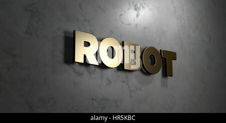 Robot - Oro segno montato sul marmo lucido parete - 3D reso Royalty free stock illustrazione. Questa immagine può essere utilizzata per un sito online banner Foto Stock