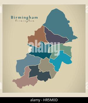 Città moderna mappa - Birmingham con boroughs colorata illustrazione in Inghilterra Illustrazione Vettoriale