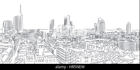 Nuovo skyline di Milano, disegno a mano libera. Il Diamond Tower e grattacieli, Torre Solaria, Unicredit Tower, quartiere di Brera, Italia Foto Stock