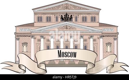 Teatro Bolshoy isolati su sfondo bianco. Moscow City etichetta. Icona del viaggio del vettore di disegno a mano Collezione. Illustrazione Vettoriale