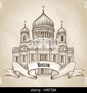 La cattedrale di Cristo Salvatore a Mosca, in Russia. viaggi città vecchia sfondo. illustrazione vettoriale. Illustrazione Vettoriale