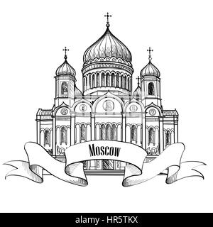 La cattedrale di Cristo Salvatore a Mosca, in Russia. città di viaggio etichetta. illustrazione vettoriale. Illustrazione Vettoriale