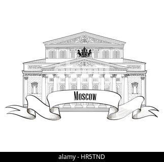 Teatro Bolshoy isolati su sfondo bianco. Moscow City etichetta. Icona del viaggio del vettore di disegno a mano Collezione. Illustrazione Vettoriale