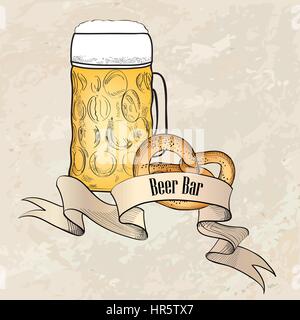 La birra ware sfondo in stile retrò. boccale di birra banner. la birra in vetro inciso doodle poster. Illustrazione Vettoriale