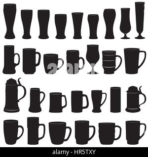 La birra ware set. boccale di birra e birra in vetro raccolta di silhouette. Illustrazione Vettoriale