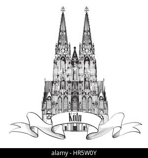 La città tedesca di Colonia il simbolo di viaggio. koln cattedrale Dom, Germania, Europa. mano bozzetto vettore simbolo. Illustrazione Vettoriale