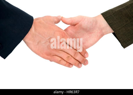 Handshake business - facendo un buon affare su sfondo bianco Foto Stock