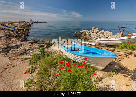 Barche da pesca sulla sabbia di mare con cielo blu e pier Foto Stock