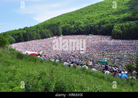 SUMULEU Ciuc, Romania - 6 giugno 2014: folla di ungherese pellegrini cattolici raduno a Csiksomlyo per celebrare la Pentecoste Foto Stock