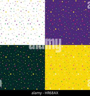 Mardi Gras piastrellabile design set di elementi. Fat Tusday vettore modelli senza soluzione di continuità con le stelle e perle. Viola, giallo, verde e sfondi bianchi Illustrazione Vettoriale