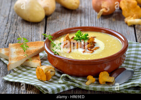 Crema di zuppa di patate con finferli freschi e creme fraiche Foto Stock