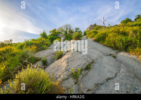 Bellissima vista dal percorso a monte Epomeo al tramonto, Isola d Ischia, Italia Foto Stock