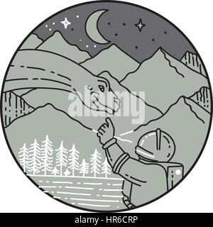 Mono stile linea illustrazione di un astronauta toccando brontosaurus dinosauro set testa all'interno del cerchio con la montagna, la luna, le stelle e gli alberi del backgro Illustrazione Vettoriale