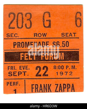 NEW YORK, NY - 22 settembre: Ticket stub per Frank Zappa a feltro Forum di New York City il 22 settembre, 1972 Foto Stock