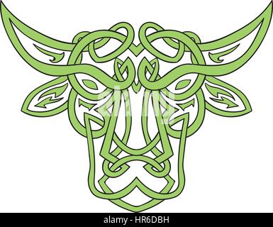 Illustrazione di stilizzata taurus il toro realizzato nel nodo celtico, chiamato Icovellavna, treccia o lavoro knotwork tessuto in corda ininterrotta serie di design dell'isola Illustrazione Vettoriale