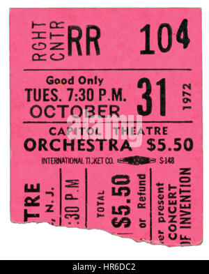 Ticket Stub del Frank Zappa e le Madri della invenzione in esecuzione al Teatro Capitol a Madison Square Garden sul Ottobre 31st, 1972 Foto Stock