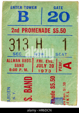 Ticket Stub del Allman Brothers Band in esecuzione al Madison Square Garden a New York City nel luglio 20th, 1973 Foto Stock