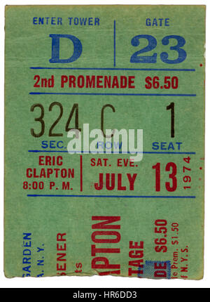 Ticket Stub del Eric Clapton effettuando al Madison Square Garden a New York City nel luglio 13th, 1974 Foto Stock