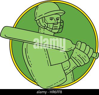 Mono stile linea illustrazione di un giocatore di cricket battitore indossando il casco azienda bat sulla spalla vista dalla parte anteriore impostato all'interno del cerchio sul backgr isolato Illustrazione Vettoriale