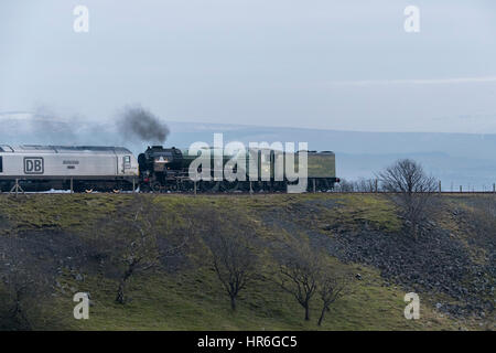 Sbuffando fumo, locomotiva, No. 60163 Tornado, (nuovo di zecca Peppe A1 pacifico) circa di viaggio attraverso il viadotto Ribblehead sul grigio di una giornata invernale. Foto Stock