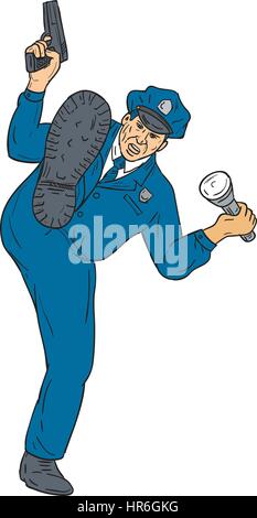 Schizzo di disegno illustrazione dello stile di un poliziotto ufficiale di polizia tenendo la pistola in una mano e torcia torcia elettrica sull'altro lato calci rivolto verso la parte anteriore s Illustrazione Vettoriale