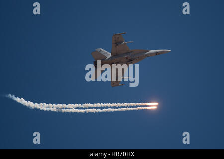 Melbourne, Australia. 28 Feb, 2017. Un F-18F Super Hornet esegue presso l'Australian International Aerospace e difesa esposizione di Avalon Airfield, a sud-ovest di Melbourne, Australia, il 28 febbraio, 2017. Credito: Bai Xue/Xinhua/Alamy Live News Foto Stock