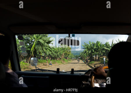 Un autista naviga attraverso un villaggio nel Parco nazionale di Virunga, Repubblica Democratica del Congo dove agricoltura di sussistenza include la piantagione di banane. Foto Stock