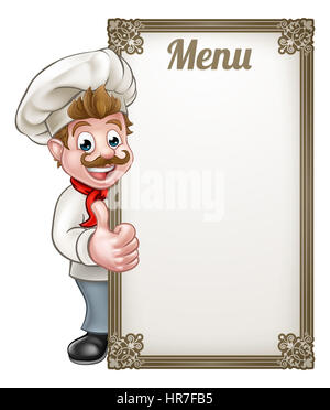 Cartoon chef o baker personaggio dando pollice in alto con menu segno bordo Foto Stock