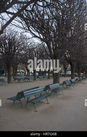 Line-up di panchine in un parco parigino accanto alla cattedrale di Notre Dame de Paris, piazza Jean XXIII durante l'Autunno Foto Stock