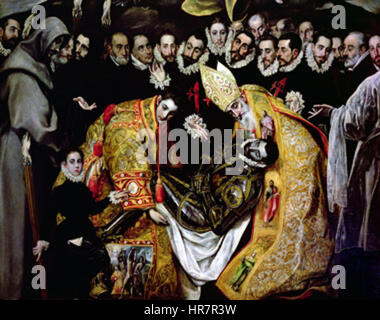 "La sepoltura del conte Orgaz" di El Greco è un'opera magistrale che raffigura la sepoltura di un nobile, combinando figure drammatiche e immagini celesti. Il dipinto fonde simbolismo religioso e colori vivaci, dimostrando lo stile unico di El Greco e la sua influenza sull'arte rinascimentale spagnola. Foto Stock