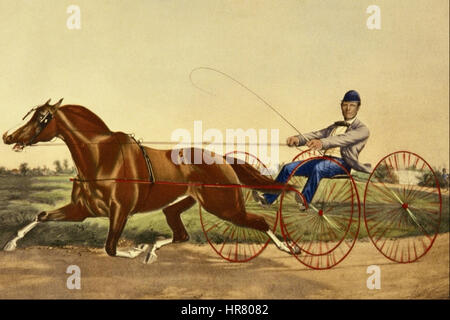 Questa litografia di Currier e Ives, intitolata "The Celebrating Pacing Mare Pocahontas", ritrae una vivace scena di corse incentrata sul ritmo del mare chiamato Pocahontas. Il pezzo celebra la velocità e la grazia del cavallo, rendendo popolare lo sport delle corse ippiche nell'America del XIX secolo. Foto Stock