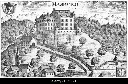 "Valvasor Masburg 1680" è una mappa storica creata dal famoso cartografo sloveno Johann Weikhard von Valvasor. Raffigura l'area intorno a Masburg, mostrando i dettagli geografici e la topografia come si è capito alla fine del XVII secolo. Foto Stock