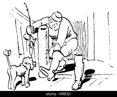 "Der Haarbeutel" di W. Busch è un'illustrazione umoristica che raffigura una persona con un sacco di capelli esagerato, un commento satirico sulla vanità e l'aspetto personale. Il lavoro gioca con l'umorismo visivo e il tema delle eccentricità umane. Foto Stock