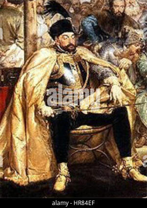 Il dipinto "Stefan Batory pod Pskowem" raffigura il momento della campagna militare condotta dal re Stefan Batory contro l'esercito russo vicino a Pskov. Questo evento storico è una parte notevole della storia polacca del XVI secolo, che mostra il dramma e l'intensità della guerra. Foto Stock