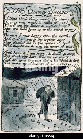 In "The Chimney Sweeper" di William Blake, dal suo "Songs of Innocence and of Experience", l'artista mette in evidenza la sofferenza dei bambini operai. Blake contrasta l'innocenza dei giovani con la durezza della società industriale, trasmettendo temi di ingiustizia sociale e sfruttamento. Foto Stock