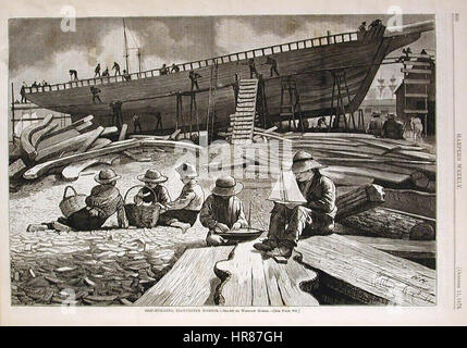 Winslow Homer - Ship Building, porto di Gloucester (1873) Foto Stock